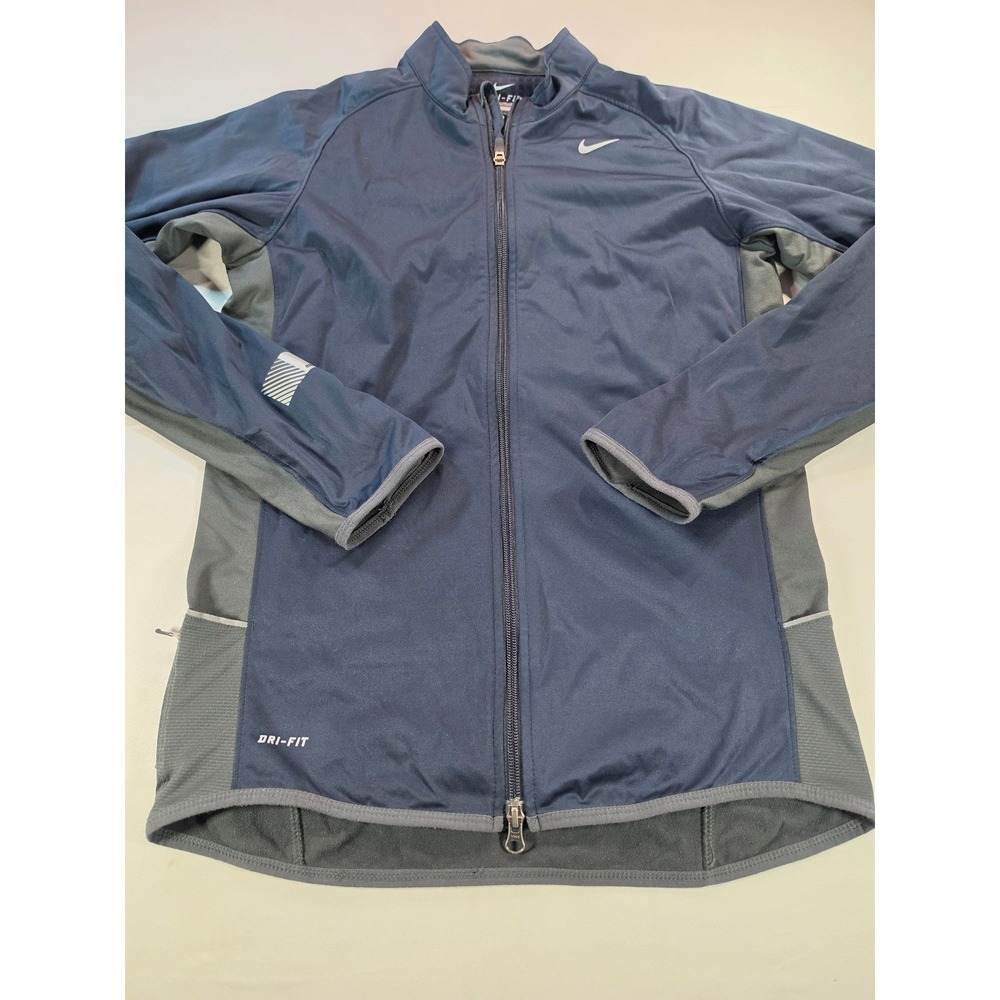 Nike Dri-FIT Mens Small Full Zip Running Jacket Navy Blue Grey Reflective 1904